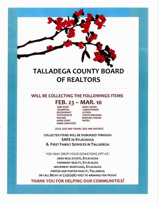 Talladega County Board of Realtors collecting hygiene products