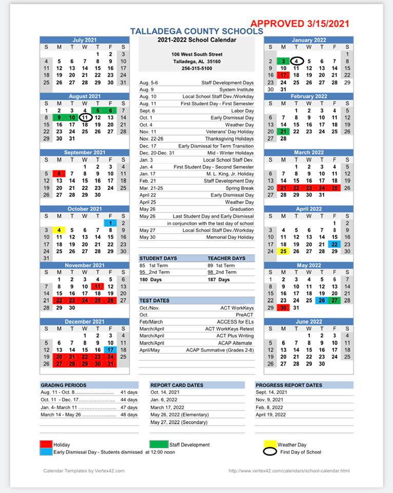 2021 2022 Talladega County Schools Calendar Released Sylacauga News
