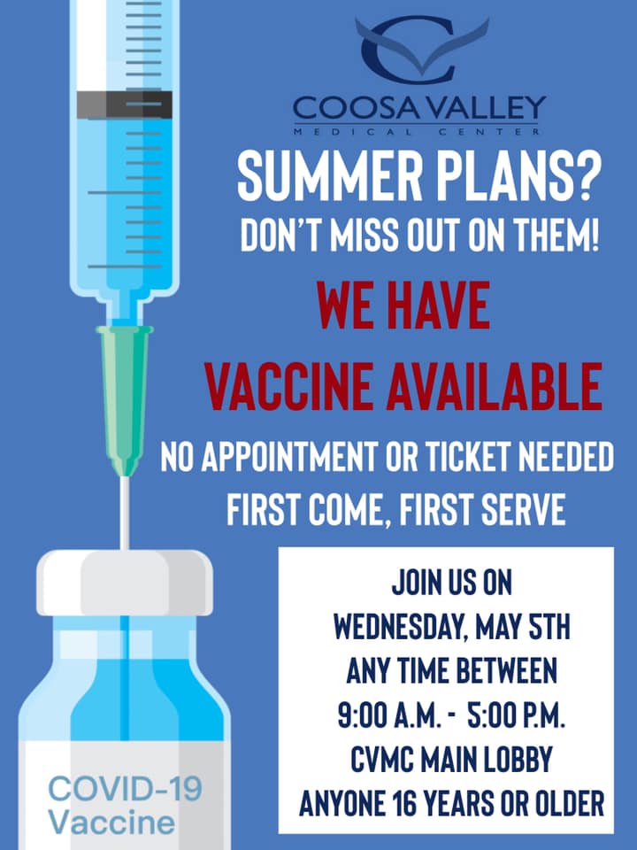 Vaccines available first-come first-serve on May 5 at CVMC