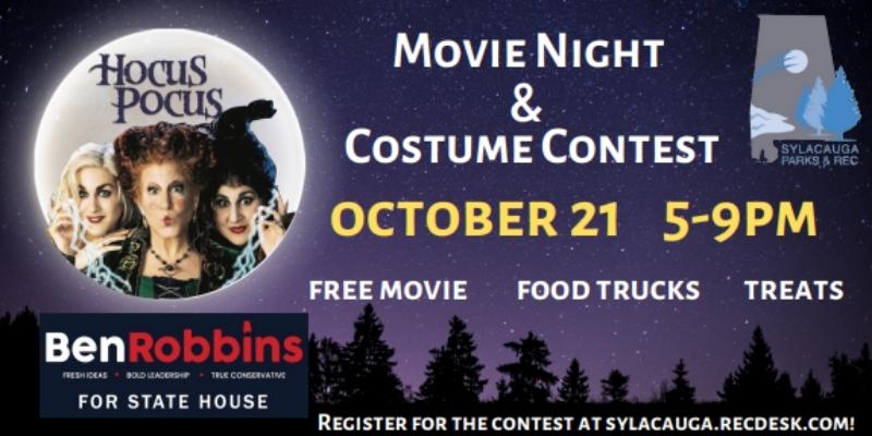 Halloween-themed Movie Night in the Park, costume competition hosted by Sylacauga Parks and Rec on Oct. 21