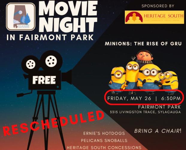 Sylacauga Parks and Rec’s Movie Night in the Park rescheduled for Friday, May 26