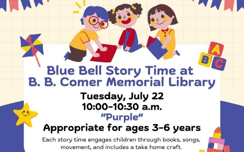Summer’s final Blue Bell Story Time to celebrate “Purple” at B.B. Comer Memorial Library