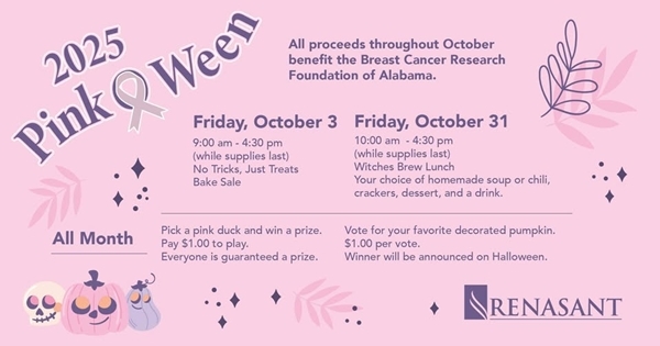 Renasant Bank of Childersburg highlighted their Breast Cancer Awareness fundraising activities during the October Greater Coosa Valley Chamber Coffee