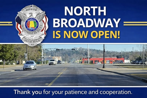Sylacauga Police Department announces that Broadway Ave. is open again following railroad crossing repairs