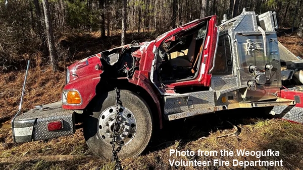Weogufka VFD firefighter injured and pumper truck totaled during brush fire response