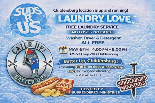Surrendered Ministries to host a “Free Suds” event on Wednesday, May 6 in Childersburg