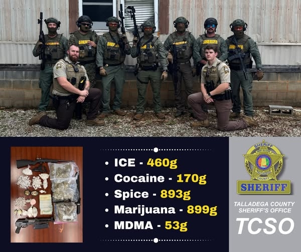 The Talladega County Sheriff’s Emergency Response Team (S.E.R.T.) led a large Friday morning drug bust