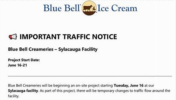 Upcoming Blue Bell Sylacauga project will create temporary traffic flow changes